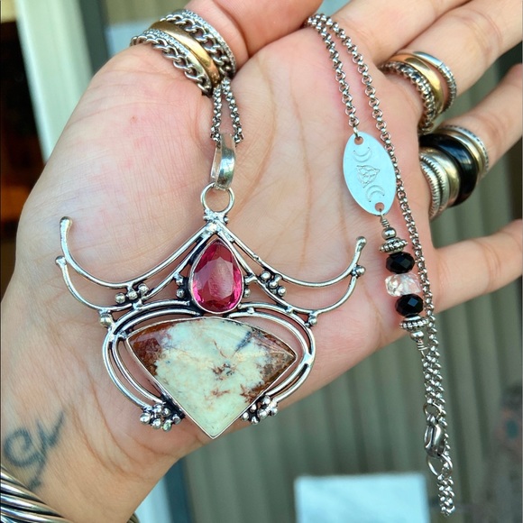 925 Sterling silver pink topaz & jasper necklace - Picture 5 of 8